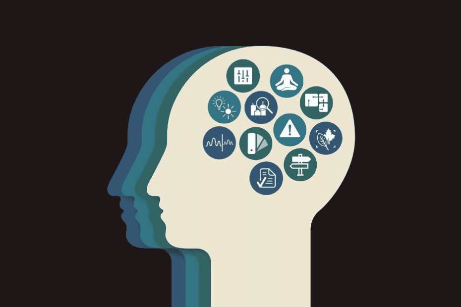 The front cover of Design for the mind. It shows a side image of a head in cream against a black background. The head contains a number of icons, which represent the different areas covered in the guidance such as wayfinding.